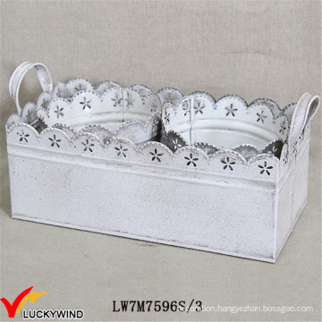 S/3 Shabby Chic White Metal Iron Planter with Tray